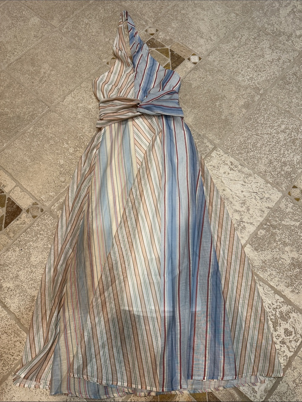 Commense One-Shoulder Striped Maxi Dress in Pastel Blue and Beige